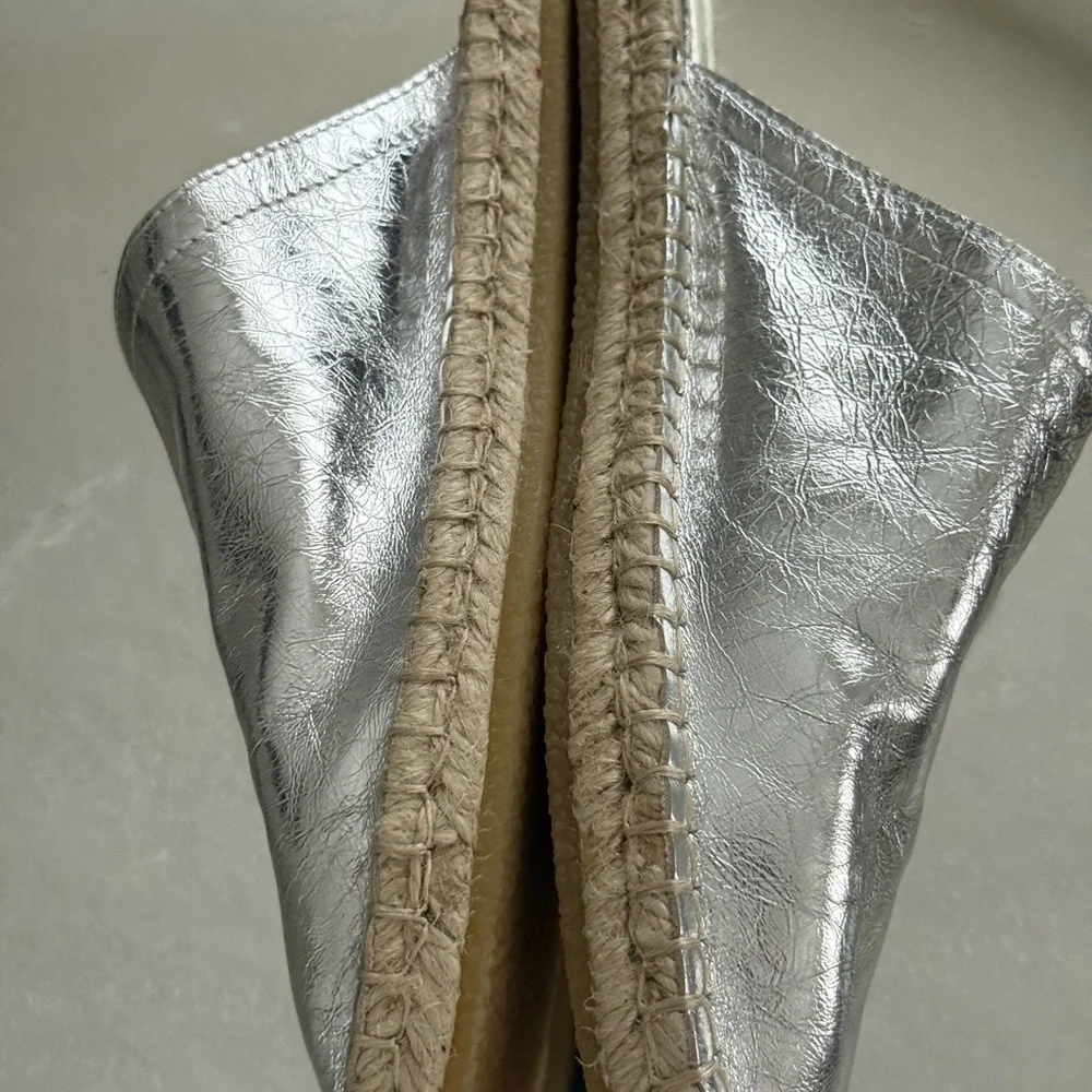Zara crinkly leather silver metallic espadrille mules
